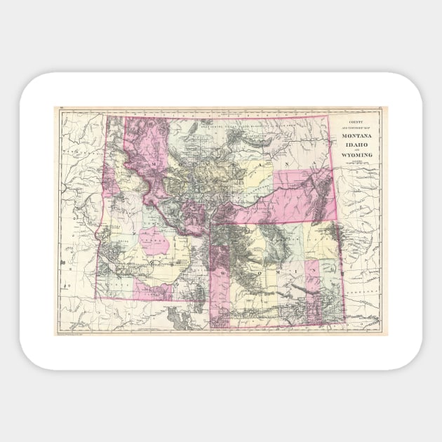 Vintage Map of Montana, Wyoming and Idaho (1884) Sticker by Bravuramedia